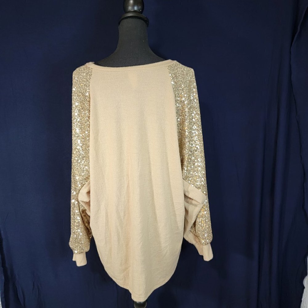 7th & Ray Womens Holiday Sweater Long Sleeve Oversized Tan Sequin Fuzzy Party Lg - Picture 6 of 8